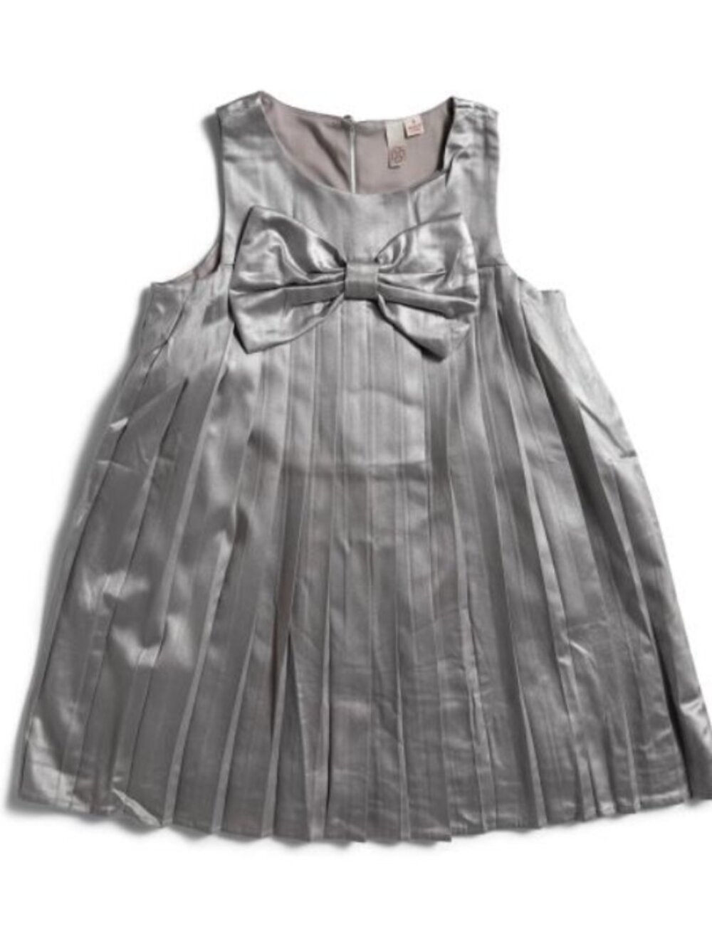 NWT CLOVER Little Girls Pleated Foil Satin Finish Silver Bow Detail Dress